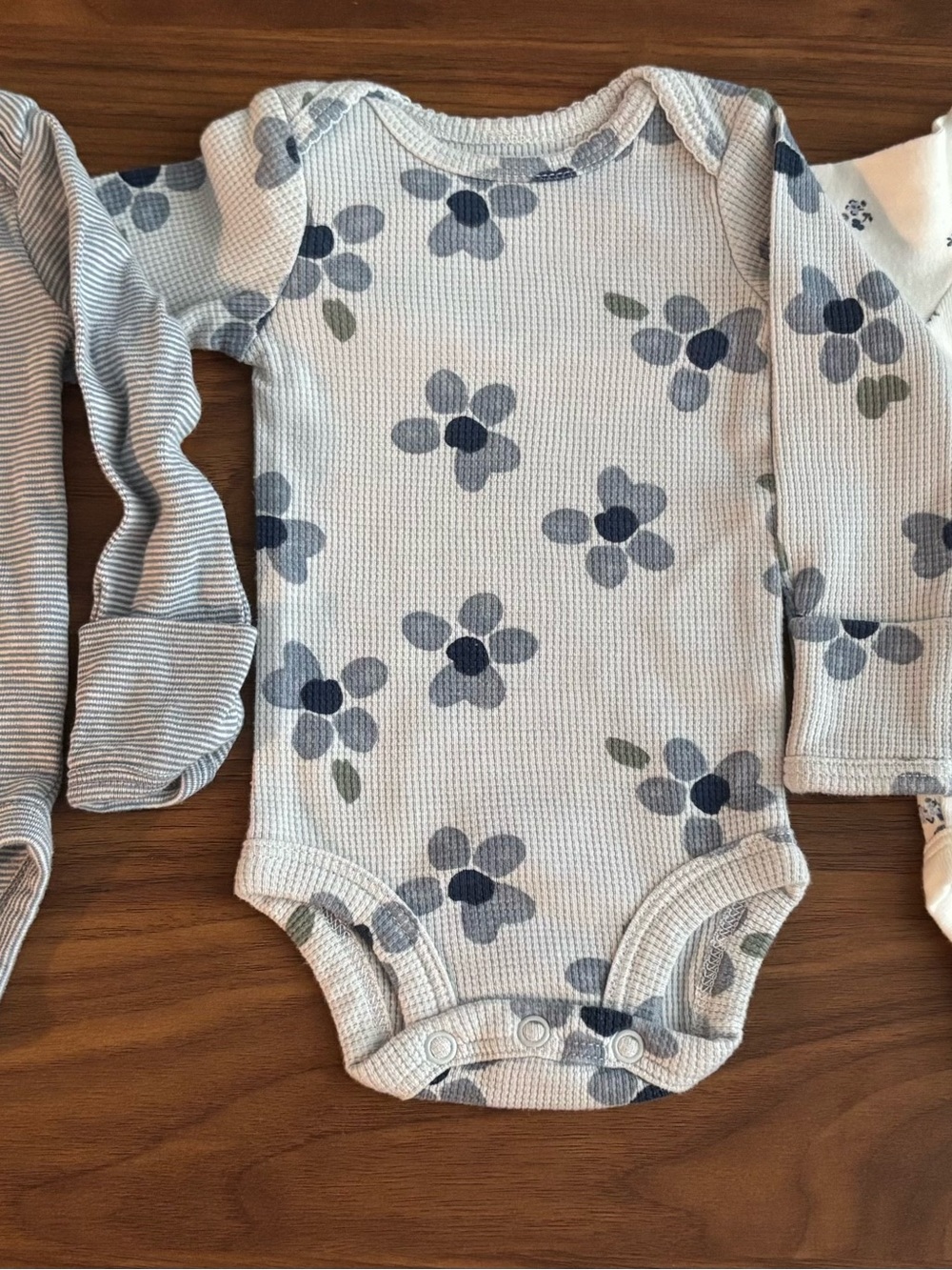 4 Baby Floral Waffle Long-Sleeve One-Piece Bodysuit - Blue